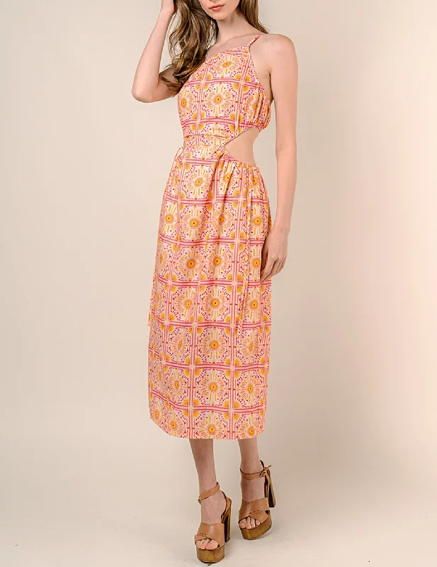 Bora Bora Sunshine Print Midi Dress Trendy Off-Shoulder Button Midi Dress