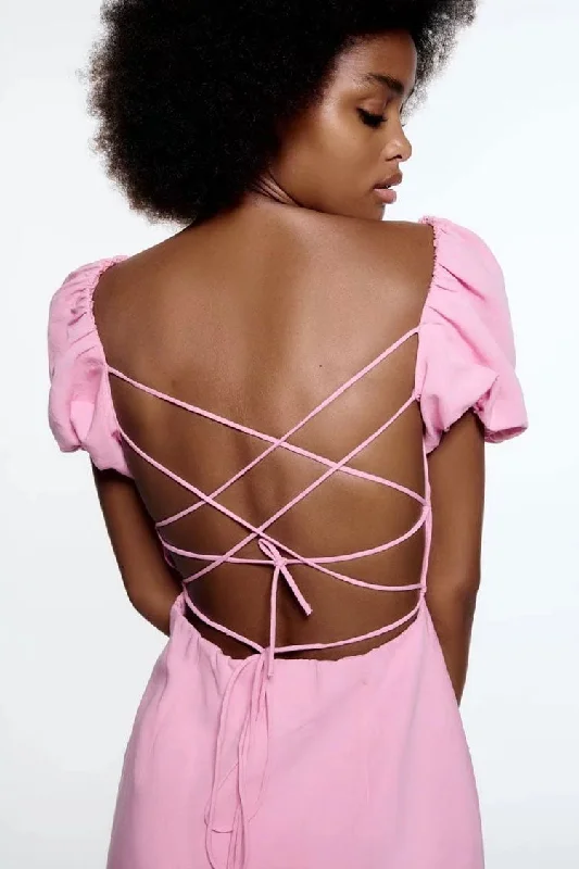 Breezy Ruched Square Neck Puff Sleeve Lace Up Back Party Mini Dress - Pink Cozy Wraparound Mini Dress