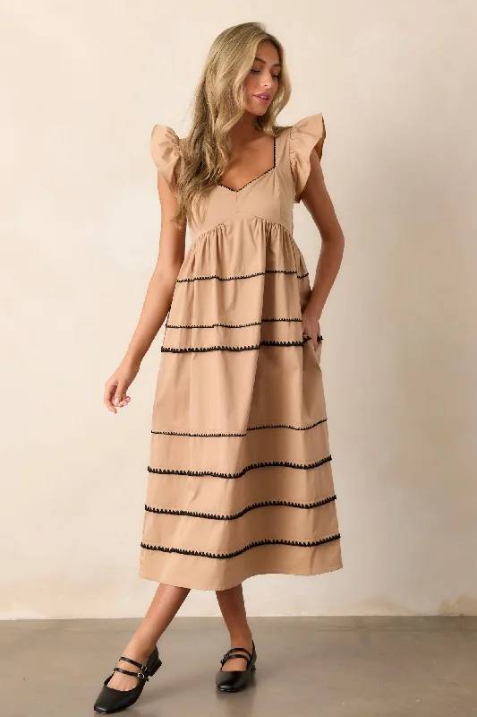 Can't Live Without Tan Stripe Tiered Midi Dress Cozy Wide Strap Midi Dress