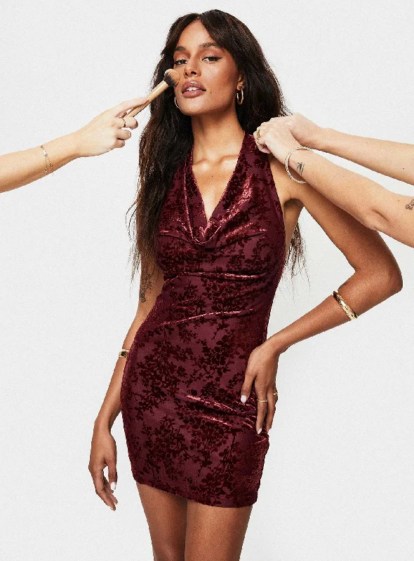 Carlso Halter Mini Dress Burgundy Elegant Lace Mini Dress