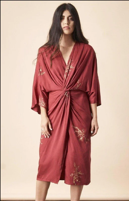 Cherry Blossom Twisted Midi Dress in Raspberry + Gold Stylish Cold Shoulder Midi Dress