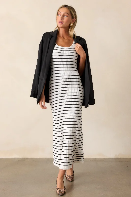 Classic Rhythm White Stripe Ribbed Midi Dress Trendy Smocked Waist Midi Dress