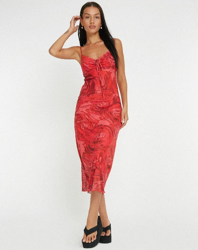 Coya Midi Dress in Rose Petal Red Comfortable Adjustable Strap Midi Dress