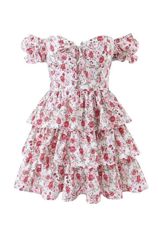 Cute Rose Printed Lace Up Front Puff Sleeve Layered Ruffle Party Mini Dress Trendy Lace Mini Dress