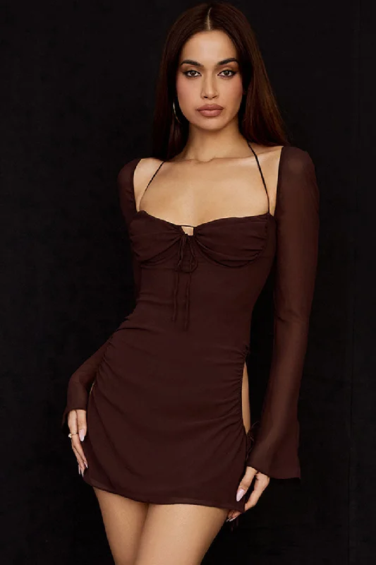 Darling Halter Neck Long Sleeve Cutout Club Mini Dress - Chocolate Cozy Knitted Mini Dress