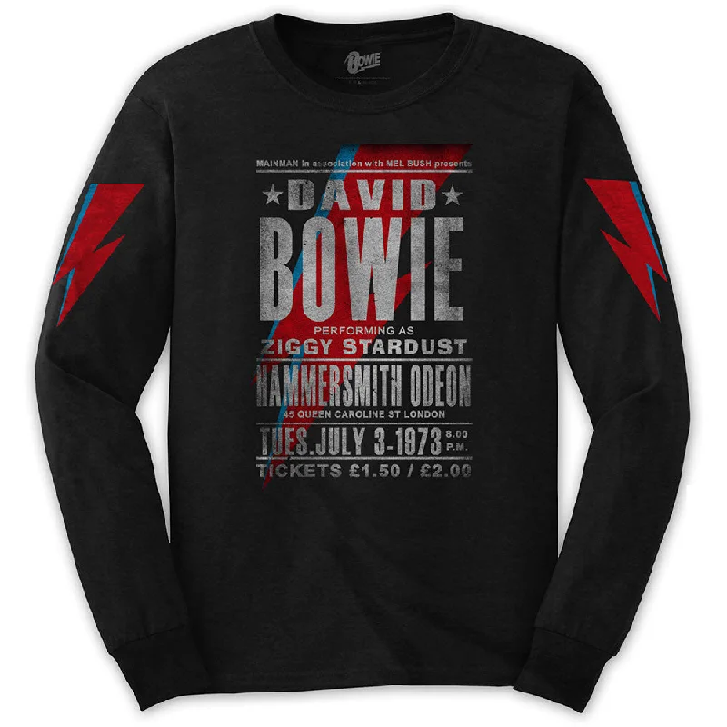 David Bowie Unisex Long Sleeved T-Shirt: Hammersmith Odeon (Arm Print) Notch Collar Peter Pan Collar Cowl Neck