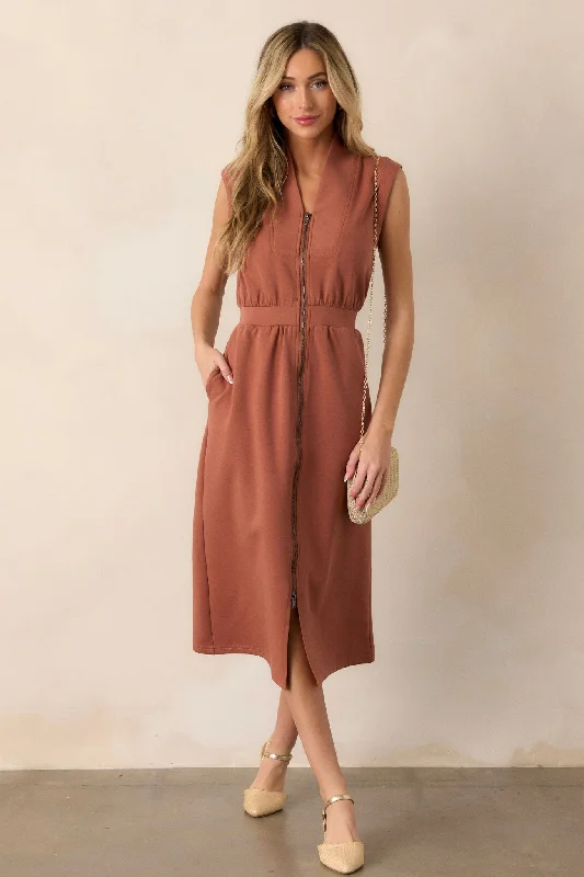 Distant Sun Terracotta Sleeveless Midi Dress Trendy Shift Midi Dress