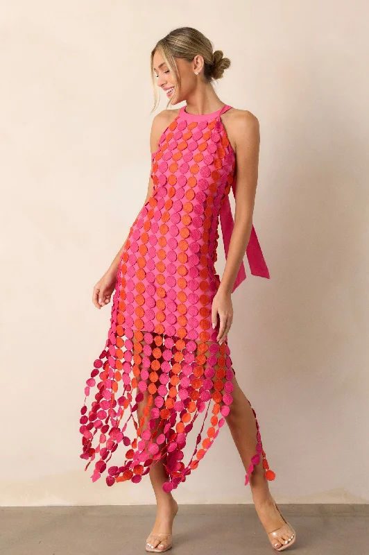 Dream Avenue Hot Pink Fringe Halter Top Midi Dress Trendy Ruched Side Midi Dress