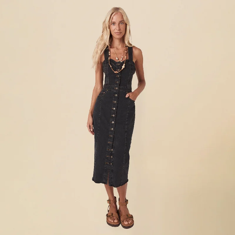 Eve Denim Sweetheart Midi Dress Comfortable Deep V Midi Dress