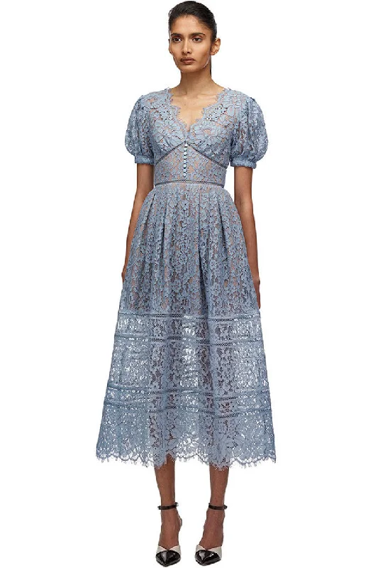 Eyelash V Neck Puff Sleeve French Lace A-Line Midi Dress - Sky Blue Trendy Bodycon Midi Dress