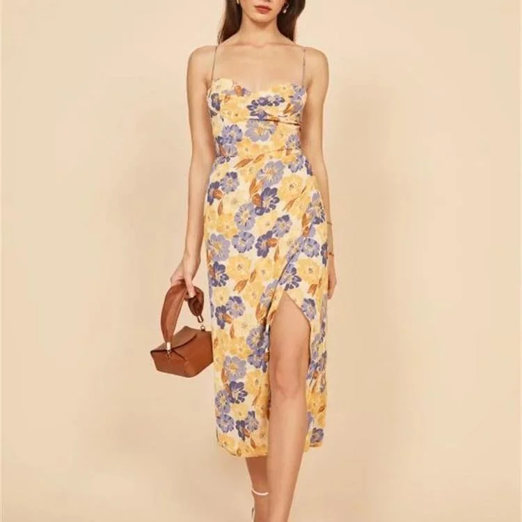 Fauve Floral Satin Cowl Neck Midi Dress - Yellow Trendy Off-Shoulder Ruffle Midi Dress