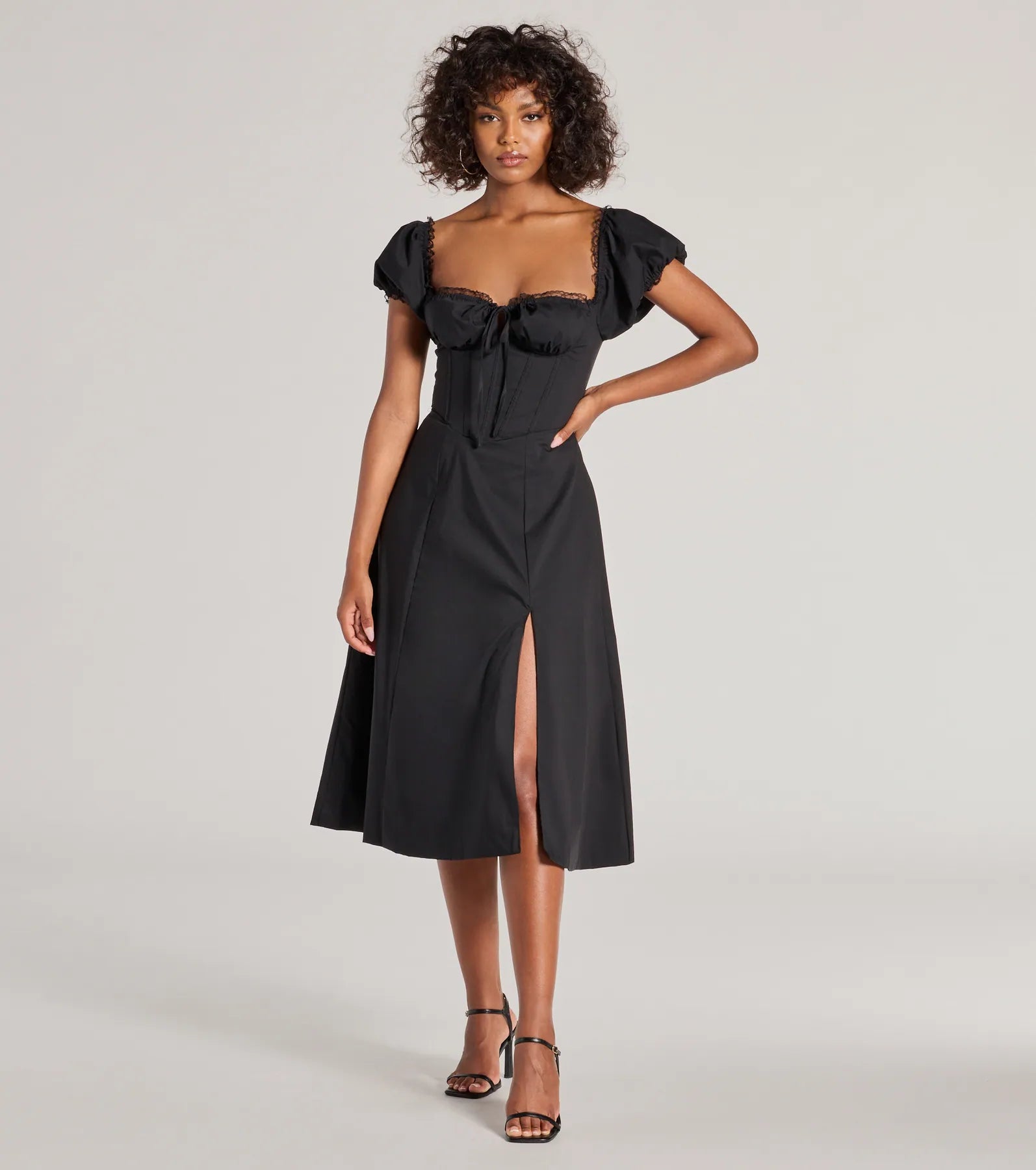 Flawless Puff Sleeve Corset Midi Dress Elegant Maxi-Midi Hybrid Dress