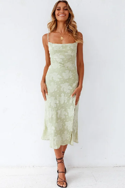 Floral Cowl Neck High Slit Slip Midi Dress - Sage Green Trendy Smocked Waist Midi Dress