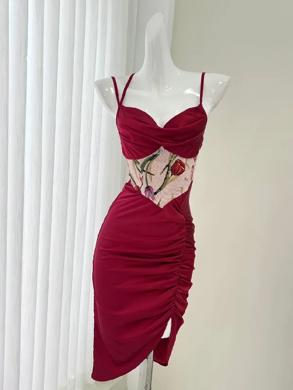 Floral Midsection Exquisite Burgundy Midi Dress Stylish Silk Midi Dress