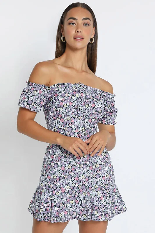 Floral Print Short Sleeve Tie Front Ruffle Mini Dress - Purple Cozy Satin Mini Dress