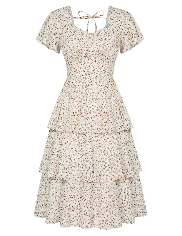 Floral Print Square Neck Tiered Ruffle Dress 2023 Summer Vintage A-line Swing Midi Dress Cozy Midi Dress with Pockets