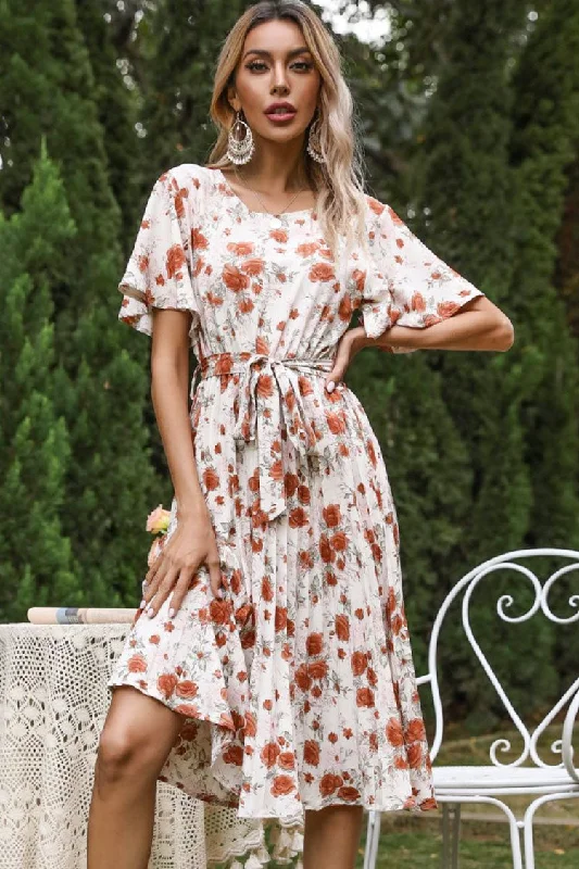 Flowy Round Neck Short Sleeve Pleated Floral Printed Midi Dress - White Fashionable Plaid Midi Dress