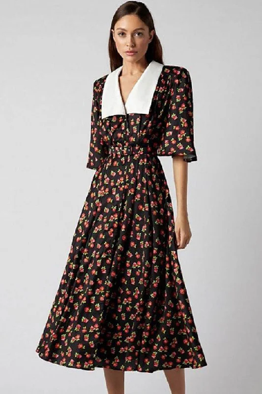 French Spread Collar Short Sleeve Button Down Floral Midi Dress - Black Elegant Pleated Sleeve Midi Dress