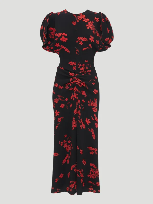 Gathered Waist Floral Midi Dress Trendy Floral Wrap Midi Dress