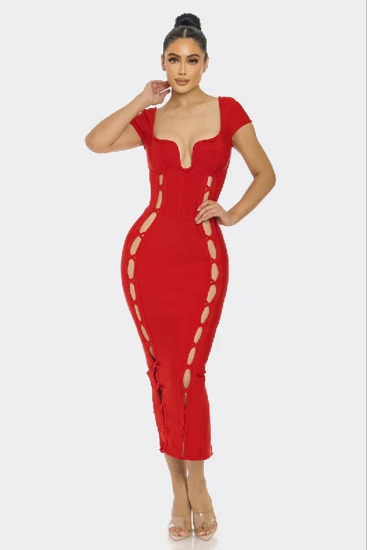 Girls Night Red Bandage Midi Dress Elegant Floral Midi Dress