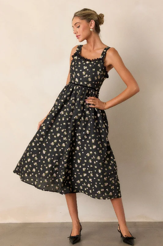 Going Out Again Black Floral Midi Dress Trendy Fit-and-Flare Midi Dress