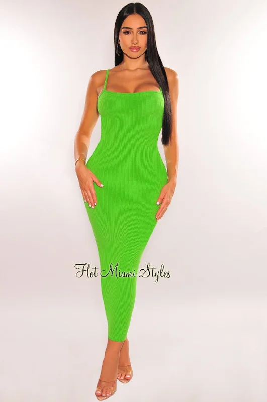 Green Ribbed Spaghetti Strap Cut Out Back Midi Dress Stylish Satin Midi Dress