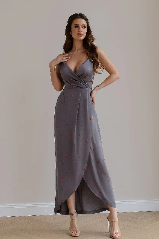 Grey Floral-Print Silk Slip Midi Dress Fashionable A-Line Midi Dress