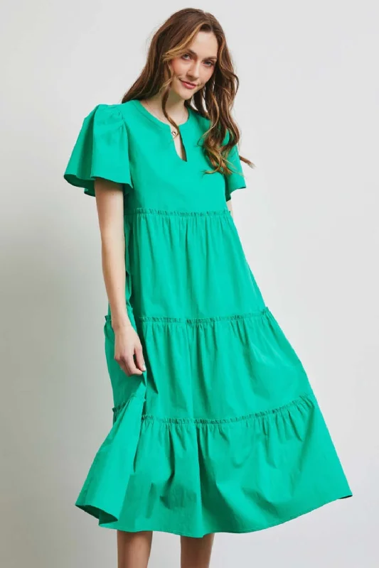 Cotton Poplin Ruffled Tiered Midi Dress Stylish Off-Shoulder Ruffle Dress