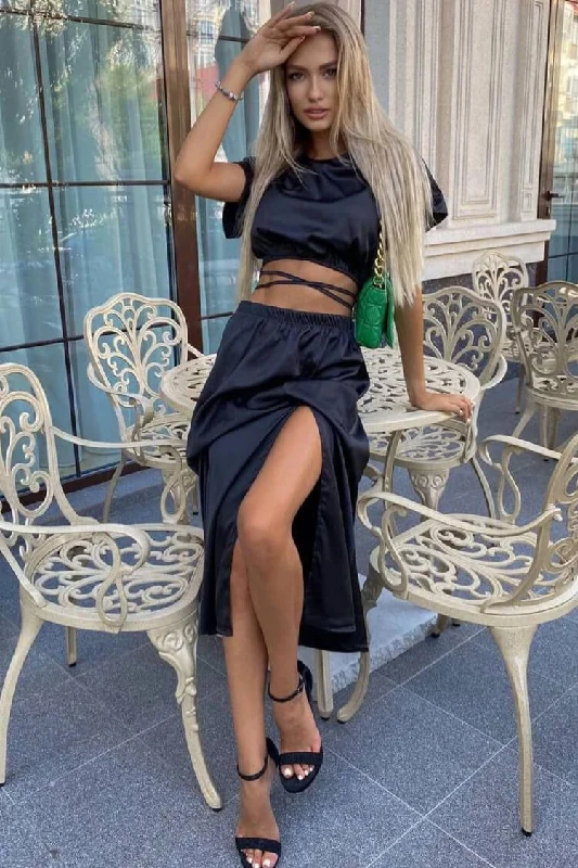 Iconic Wrapped Crop Top High Waist Split Two Piece Midi Dress - Black Trendy Bodycon Midi Dress