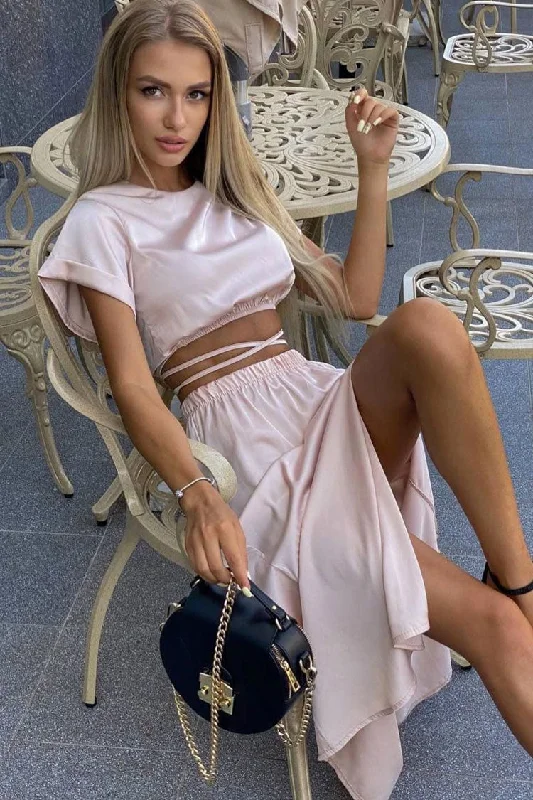 Iconic Wrapped Crop Top High Waist Split Two Piece Midi Dress - Pink Comfortable Button Front Midi Dress