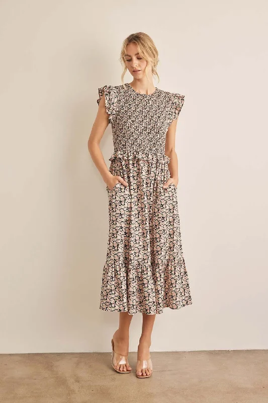 Floral Smocked Ruffled Midi Dress Stylish Wraparound Midi Dress