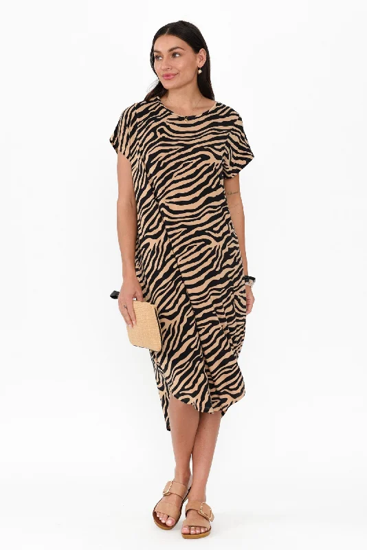 Ivy Tan Zebra Micro Modal Midi Dress Trendy Off-Shoulder Ruffle Midi Dress