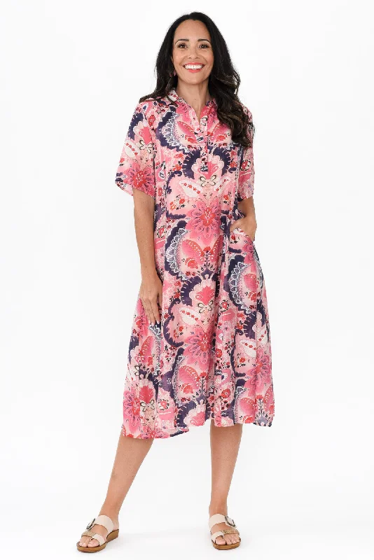 Jaime Pink Paisley Midi Dress Stylish Button-Up Midi Dress