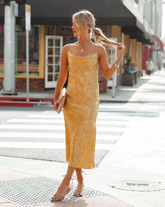 Janene Satin Cowl Neck Midi Dress - Golden Yellow - FINAL SALE Stylish Midi Dress with Cuffs