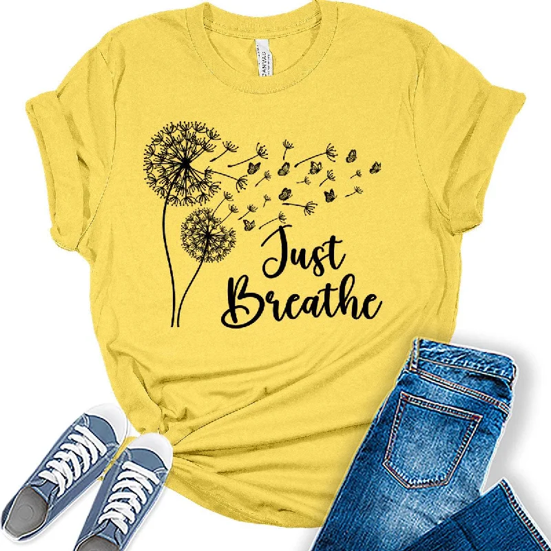 Womens Dandelion Graphic T-Shirts Just Breathe Teen Girls Cute Trendy Clothes Casual Tee Tops Zippered Front Buttoned Front Snap Front