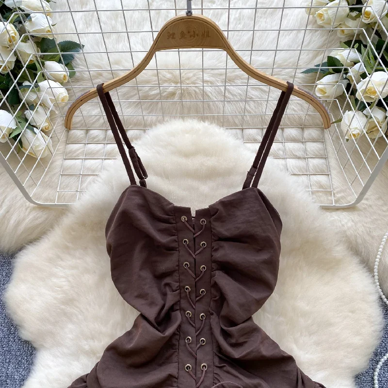 Lace-Up Corset Brown Ruffle Mini Dress Comfortable Fit-and-Flare Mini Dress