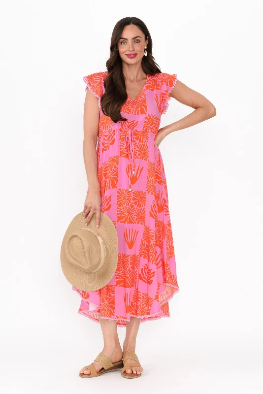 Libby Pink Ripple Midi Dress Fashionable High-Neck Midi Dress