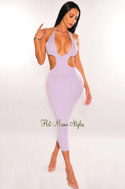 Lilac Halter V Neck Cut Out Open Back Midi Dress Comfortable Denim Midi Dress