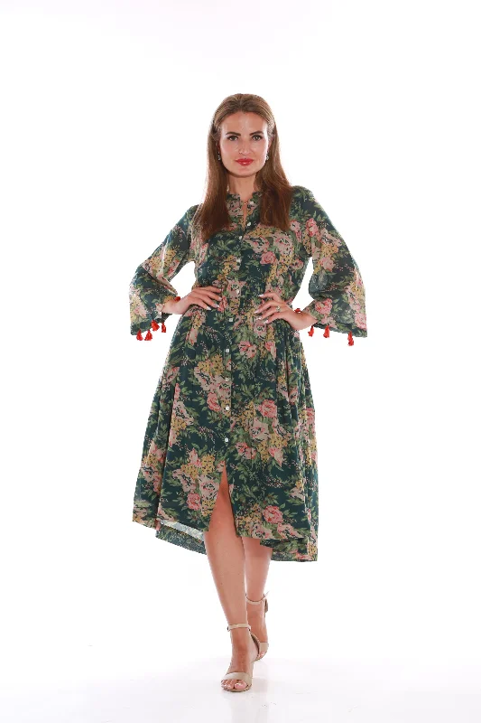 Pure Cotton Long sleeve floral print midi dress- Dark green Fashionable Floral Embroidery Midi Dress