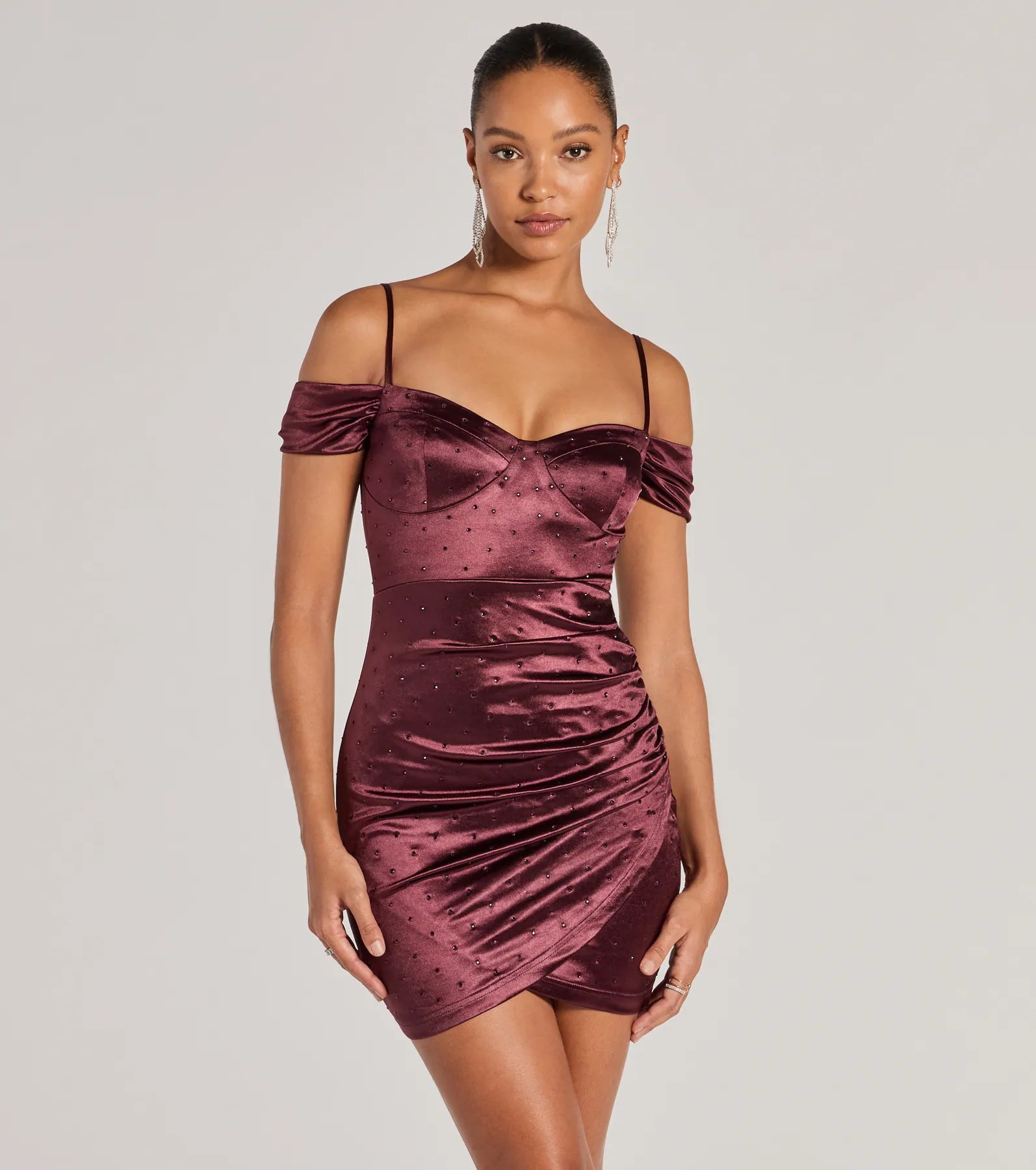 Luxe Cold-Shoulder Rhinestone Satin Mini Dress Fashionable Button-Front Mini Dress