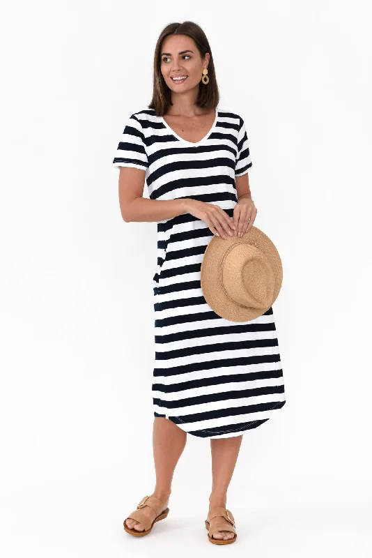 Maeve Navy Stripe Cotton Midi Dress Comfortable Empire Waist Midi Dress