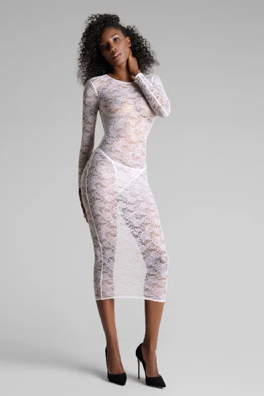 Flashback Lace Long Sleeve Midi Dress Elegant Faux Wrap Midi Dress