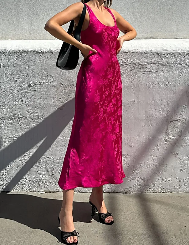 Market Fuchsia Jacquard Midi Dress Trendy Long Sleeve Midi Dress