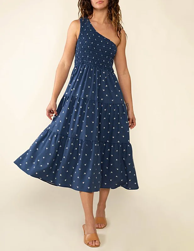 May One Shoulder Navy Floral Midi Dress Trendy A-Line Midi Dress