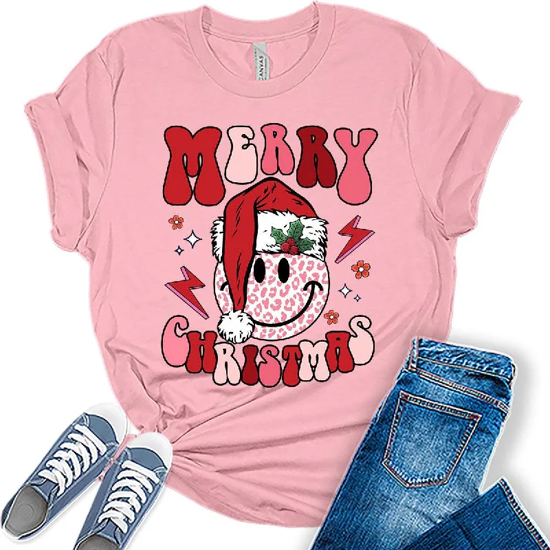 Merry Christmas Santa Hat Happy Face Funny Womens T-shirt Welt Pockets Slit Pockets Flap Pockets