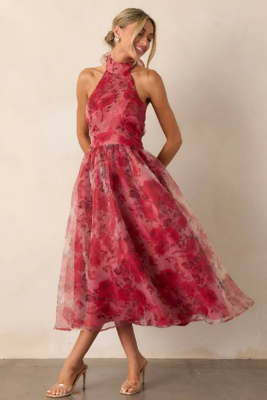 Morning Song Brick Red Floral Halter Midi Dress (RESTOCK NOVEMBER) Elegant Lace Trim Midi Dress