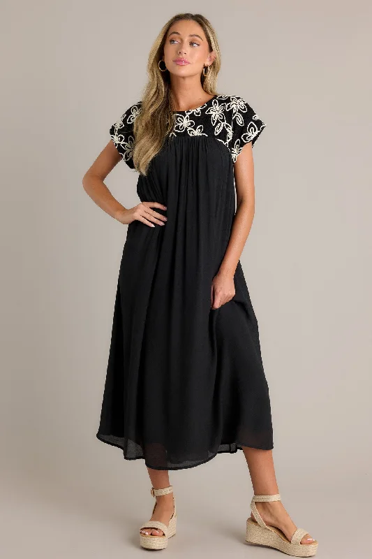 Muted Garden Black Floral Midi Dress Elegant Pleated Detail Midi Dress