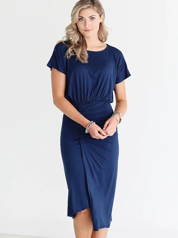 Navy DLMN Ruched Side Midi Dress Stylish Cold Shoulder Midi Dress