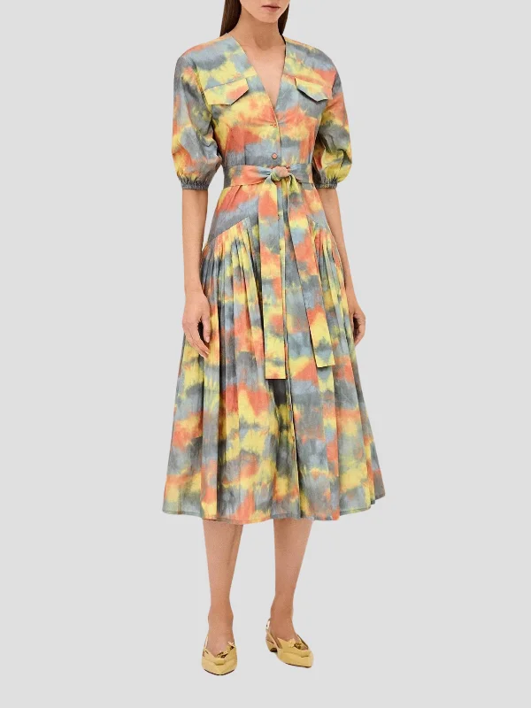 Oasis Tie-Dye Midi Dress Fashionable Pleated Midi Dress