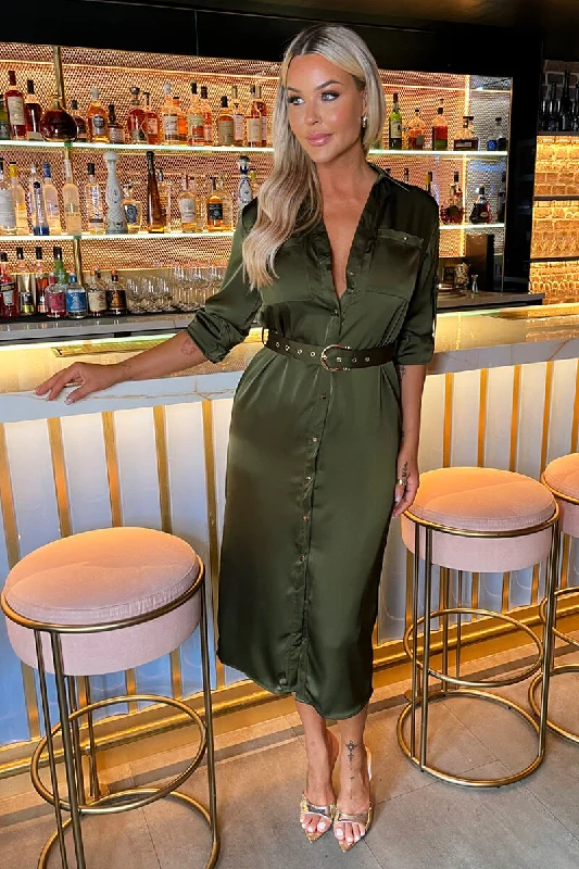 Olive Satin Belted 3/4 Sleeve Gold Buttons Shirt Midi Dress Stylish Wraparound Midi Dress